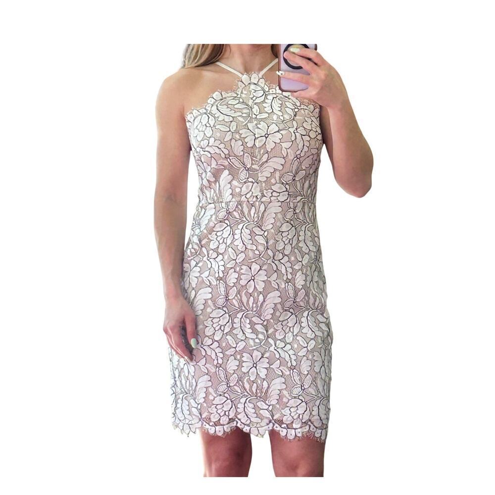 Lulus Delicate Darling Beige and Ivory Lace Halter Mini Dress - Small